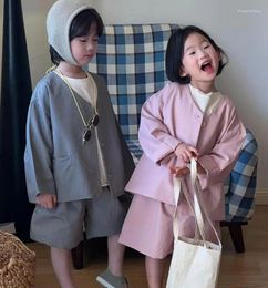 Clothing Sets 2024 Girls Boys 2 Pcs Set Coat Shorts Spring Cotton Fashion High Quality Kids Suits 1-8 Years WW49