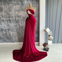 Party Dresses Formal Dark Red Mermaid Prom For Women Satin Crystal Strapless Sleevelss Pleat Sexy Evening Gowns Robe De Mariage