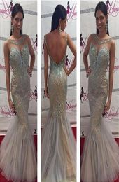 Mermaid Beaded Long Evening Dress Sheer Neck Backless Formal Tulle Prom Party Event Gown Plus Size Custom Made7651338
