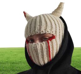 Cycling Caps Masks Halloween Funny Horns Creative Knitted Hat Beanies Warm Full Face Cover Ski Mask Hat Windproof Balaclava Hat fo6491455