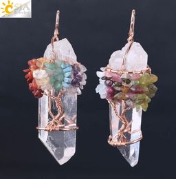 CSJA Men Big Gemstone Pendant Women Natural White Crystal Quartz 7 Chakra Tree of Life Rose Gold Handmade Wire Wrapped Necklace Ch2159764