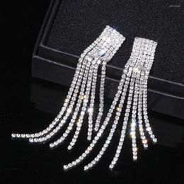Dangle Earrings Silver Colour Rhinestone Crystal Long Tassel For Women Bridal Drop Dangling Brincos Wedding Jewellery WX006