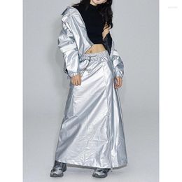 Skirts Women Silvery Metal Feeling Streetwear Fashion Vintage Casual Female It Gril Net Celebrity Modelling Ladies Long