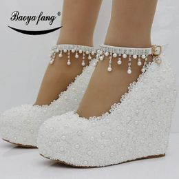 Dress Shoes BaoYaFang White Flower Womens Wedding Ankle Strap Tassel Fashion Woman High Heels Paltform Wedges