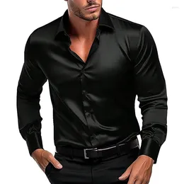 Men's Casual Shirts Luxury Silk Satin For Men Spring Long Sleeve Solid Cardigan Tops Clothing Fashion Lapel Single Breasted T Shirt