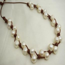 New Arriver Pearl Leather JewelleryHandwork White Colour Freshwater Pearl Black Leather Necklace911mm 100 Real Pearls8636003