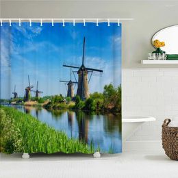 Shower Curtains 3D Natural Scenery Windmill Tulips Print Forest Landscape Bathroom Curtain Waterproof Polyester Home Decoration