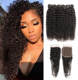 Brazilian Curly Human Hair Bundles With Closure Jerry Curl Natural 3 Bundles with 4x4 Lace Closure 1028 Inch Remy Human Hair Exte3281244
