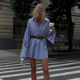 Casual Dresses Autumn Long Sleeve Turn Down Collar Single Breasted Button Pocket Loose Dress Y2K Clothes 2024 Elegant Women Stripe Shirt