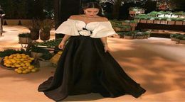 Modest White and Black Formal Evening Dresses with Flower Sash A Line Long Satin Celebrity Party Gowns5915164