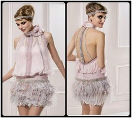 Sassy Pink Chiffon Cocktail Dresses Evening Wear Mini Beading Feather Appliques High Neck Sleeveless Open Back Short Party Dresses7135275