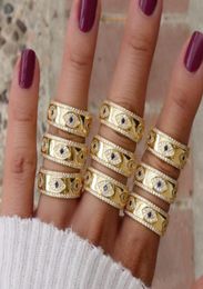 Engraved CZ Evil Eye Gold Color Wide Engagement Band Rings For Lady Women Party Gift Finger Jewelry Classic Summer Lucky Ring6665551