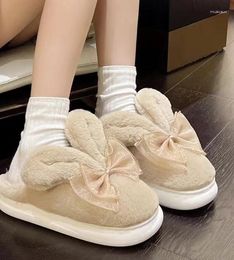 Slippers Cotton For Women Autumn And Winter Cute Bow Step Poop Feeling Non-slip Thick Bottom Home Indoor Warm Fluffy