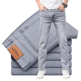 Summer Thin Mens Elastic Cotton Jeans Fashion Grey Comfortable Business Straight Casual Pants High Quality Brand Trousers 240403