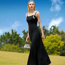 Casual Dresses Summer Lace Spaghetti Strap Long Dress Camisole Slim Waist Beading Black Women Events Birthday Party Fashion Trends