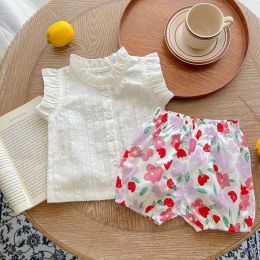 Shorts Cel 2022 Summer Baby Clothing Set Ruffle Tee and Floral Shorts Toddler Girs Suits Baby Girls Clothes