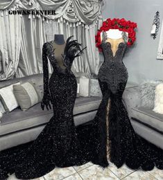 Party Dresses Black Sequin Long Sleeve Feathers Prom 2024 Luxury With Gloves Girls Mermaid In Dress Night Cocktail