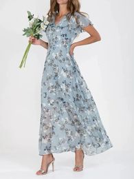 Female Vintage Floral Printing Chic Dress Women Summer Elegant V Neck Maxi Party Dresses Casual Chiffon Beach Long Dress Vestido 240411