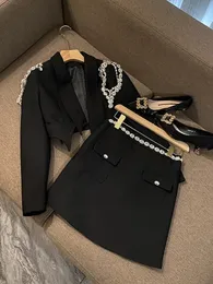 T142 New Office Ladies Fashion Elegant Black Suits Set Diamonds Chain Short Suit Jacket High Waist A-Line Skirts Women Two Piece Set