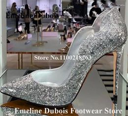 Dress Shoes Bling Silver Glitter Pumps Emeline Dubois Pointed Toe Sequined Stiletto Heel Wedding Slip-on 8cm 10cm 12cm High