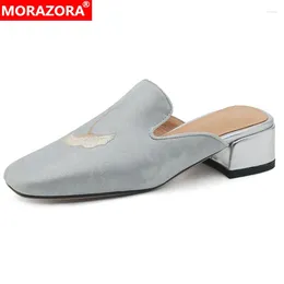 Slippers MORAZORA 2024 Split Leather Women Square Mid Heels Women's Mules Ladies Office Dress Shoes Fashion Footwear