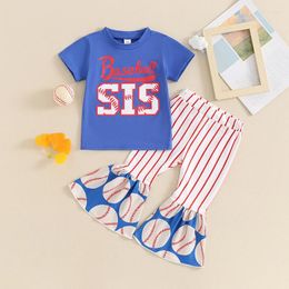 Clothing Sets Baby Girl Summer Outfits Baseball Letter Print Short Sleeve T-Shirt And Elastic Striped Flare Pants Cute 2 Piece Clothes