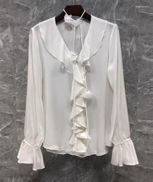 Women's Blouses Arrival Silk 2024 Spring Summer Designer Women V-Neck Flower Deco Flare Sleeve White Black Elegant Tops