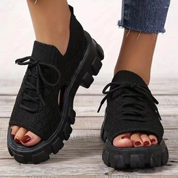 Sandals Knittin Women Flats Casual Summer Shoes 2024 Fashion Platform Slippers Walking Lace-up Slides Cosy Dress Female Zapatos