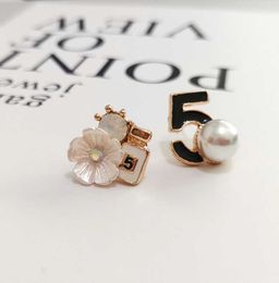 Fashionable 5-character camellia earrings Asymmetrical pearl earrings for women Versatile Korean popular earrings for women