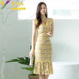 Casual Dresses Summer Fashion Formal Yellow Flowers Lace V-neck Sleeveless Tank Fishtail Dress Elegant Temperament Slim Bodycon Party