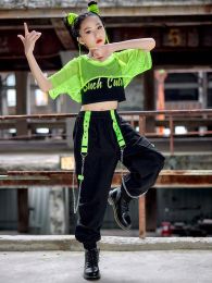 Modern Street Dance Wear Kpop Performance Stage Wear Hip Hop Girls Clothes Jazz Dance Costume Green Net Tops Black Pants
