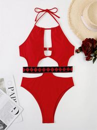 Women's Swimwear Red Bikini Halter Cut Out Brazilian Sexy Women Highwaist Swimsuit One-piece Beach Outfit Bikinis Set Mujer Bathing Suit