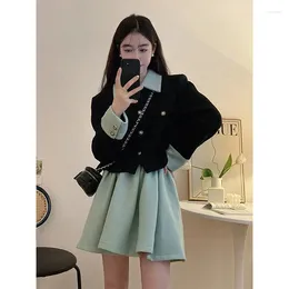 Work Dresses Temperament Celebrity Colour Contrast Coat Pleated Skirt Two Piece Set Women Fashion Lapel Sweet Korea Soft Slim Spring Lady