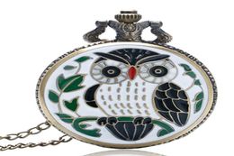 Bronze Small Animal Epoxy Cartoon Owl Painting Pocket Watch Quartz Clock Necklace Chain Relogio De Bolso Gifts for Men Women4121009