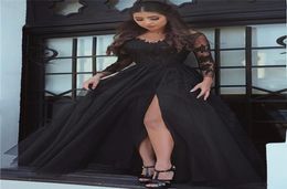 New Sexy Black Long Sleeves Prom Dresses Split Floor Length V Neck Tulle Evening Wear Lace Applique Zipper Back Evening Gowns4182596