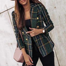 Women's Suits Vintage Women Tweed Blazer Coat Plaid Print Double Breasted Casual Buttons Spring Slim Fit Flap Pocket Formal Lady