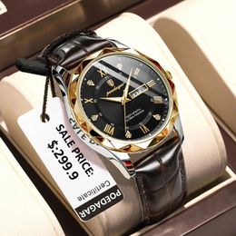 POEDAGAR Luxury Business Man Wristwatch Waterproof Luminous Date Week Men Watch For Men Quartz Clock Leather Mens Watches reloj 240414