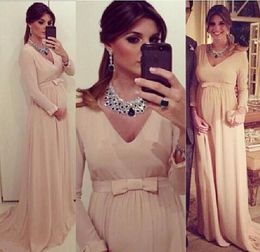 2019 blush Chiffon A Line Evening Dresses With Long Sleeves New Elegant V Neck Maternity Pregnant Clothing Sash Bow Special Occasi6069376