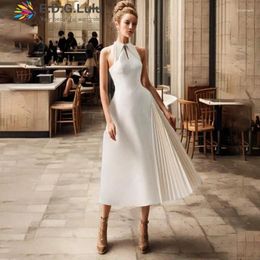 Casual Dresses EDGLuLu Fashion Turn-Down Collar Hollow Sleeveless Long Dress Designer Pleats Patchwork Asymmetric White 0314
