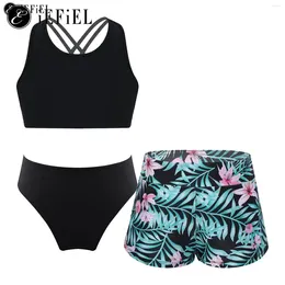 Women's Swimwear Big Girls 3 Pcs Athletic Swimsuit Crisscross Crop Top With Brief Shorts Beach Bathing Suit Ballet Dance Sports Outfit