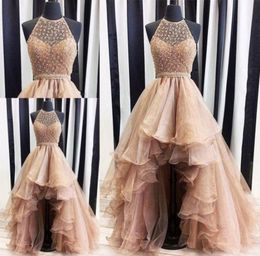 2019 High Low Gold Evening Dresses Real Po Weddings Gowns Halter Beaded Puffy Formal Beach Special Occasion Party Dress Custom 1183565