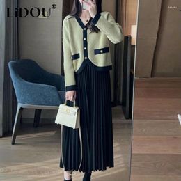 Skirts Autumn Winter Women's Elegant Fashion Butotns Knitting Coat Black Pleated Skirt Set Ladies Casual Cardigan Sweater Suit