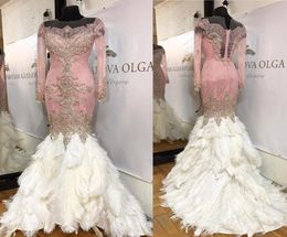 Amazing Feather Mermaid Lace Formal Dresses Evening Wear Sheer Jewel Neck Long Sleeves Beaded Evening Gowns Sweep Train Crystals P1866333