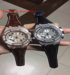 quartz diamonds watch rose gold and silver case 44mm men luxury Brown black leather strap quartz design full iced out high quality3582624