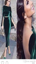 2019 Fashion Two Pieces Robe Dubai Vintage Green Velvet Evening Party Dress Short Formal Gowns TeaLength Arabic Cocktail Dresses 9157289