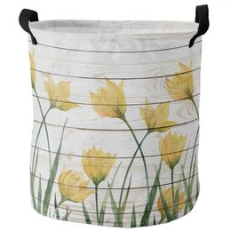 Laundry Bags Yellow Tulip Wooden Board Texture Dirty Basket Foldable Home Organiser Clothing Kids Toy Storage