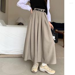 Skirts QOERLIN Korean Fashion Belted Elastic Waist Casual Long Female A-Line Pleated Women Black Grey Saias Mujer 2024