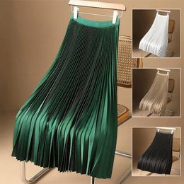 Women Vintage Midi Skirt Wide Elastic Waistband High Waist Pleated ALine Solid Colour Smooth Satin Long 240403