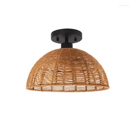 Ceiling Lights Semi Flush Mount Light Fixtures Handwoven Rattan Wicker Cage Retro Rustic Fixture For Bedroom Hallway Entryway