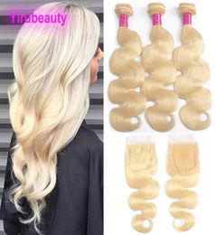 Malaysian 613 Body Wave Baby Hair Extensions Bundles With Lace Closure 4X4 Bundle 1030inch Blonde Colour 4PCS4022263